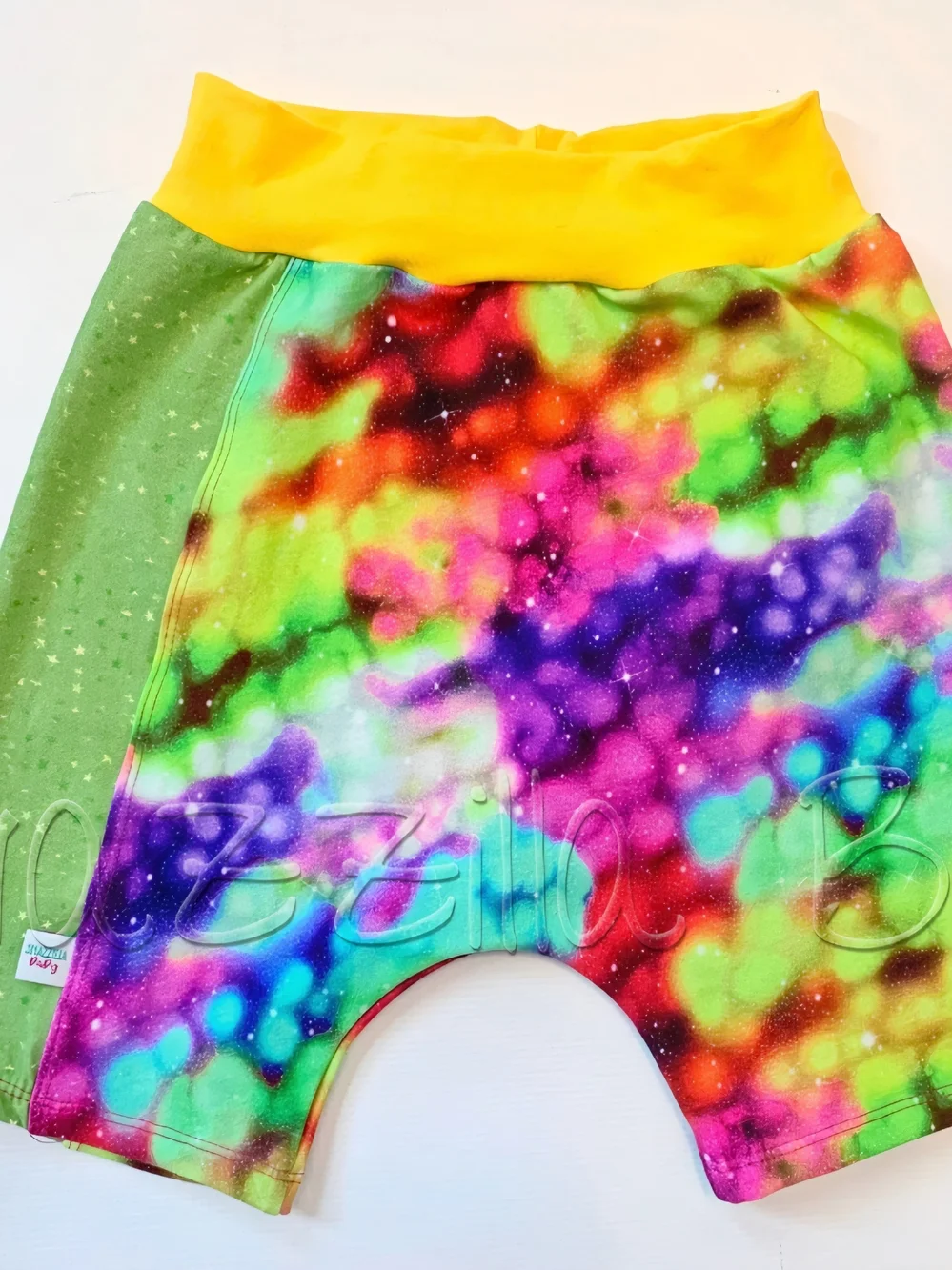 Kids' 7 Vibrant Galaxy Rainbow Shorts with Yellow Waistband